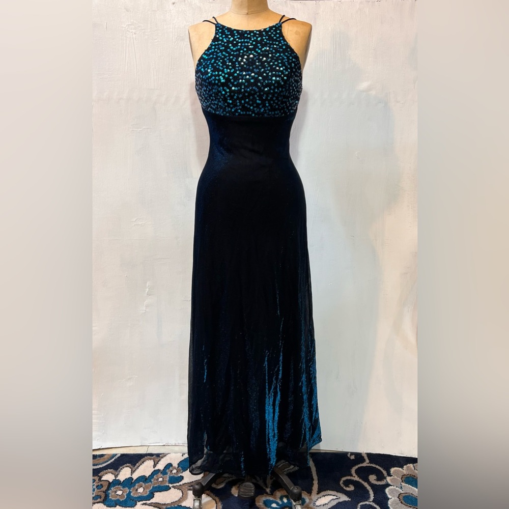 VINTAGE 80s‎ deep midnight teal prom gown formal dress sequin iridescent sparkle - Picture 7 of 15